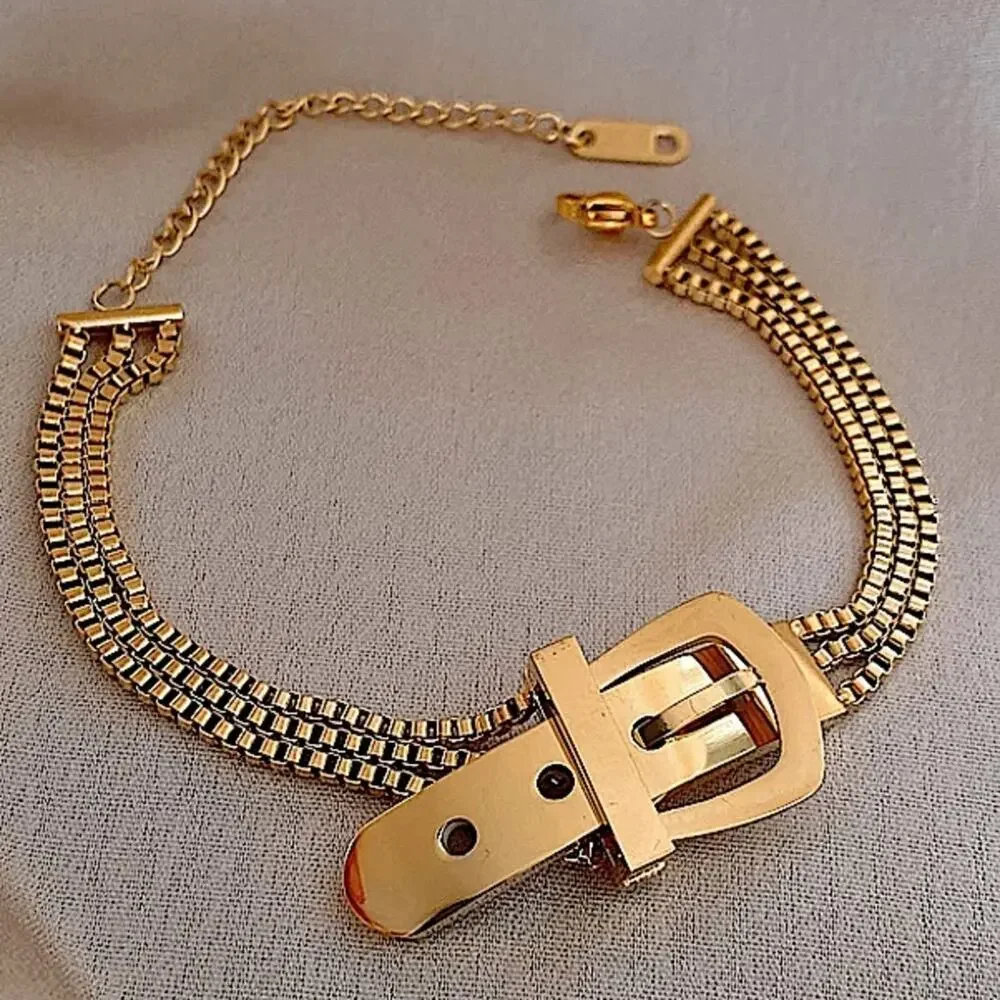 Gold Belt Buckle Chain Bracelet - Picture 2 of 6